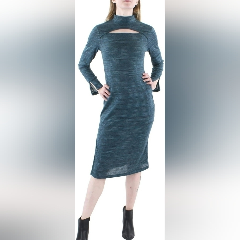 Jessica Simpson Womens Knit Mock Neck Cut Out Sheath Dress TEAL | SMALL